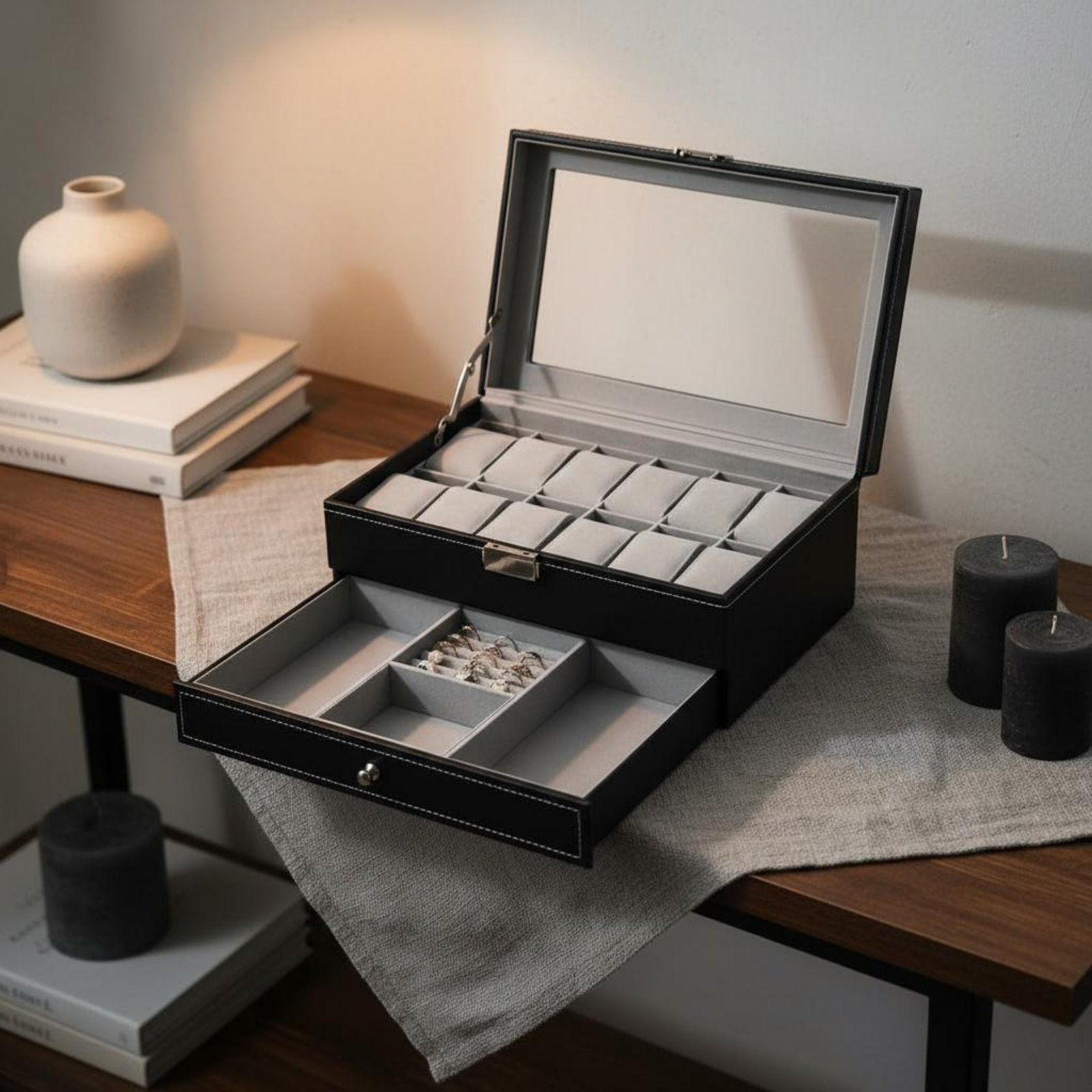 Jewelry Clasp Watches - Dwupoziomowe pudełko na zegarki i biżuterię